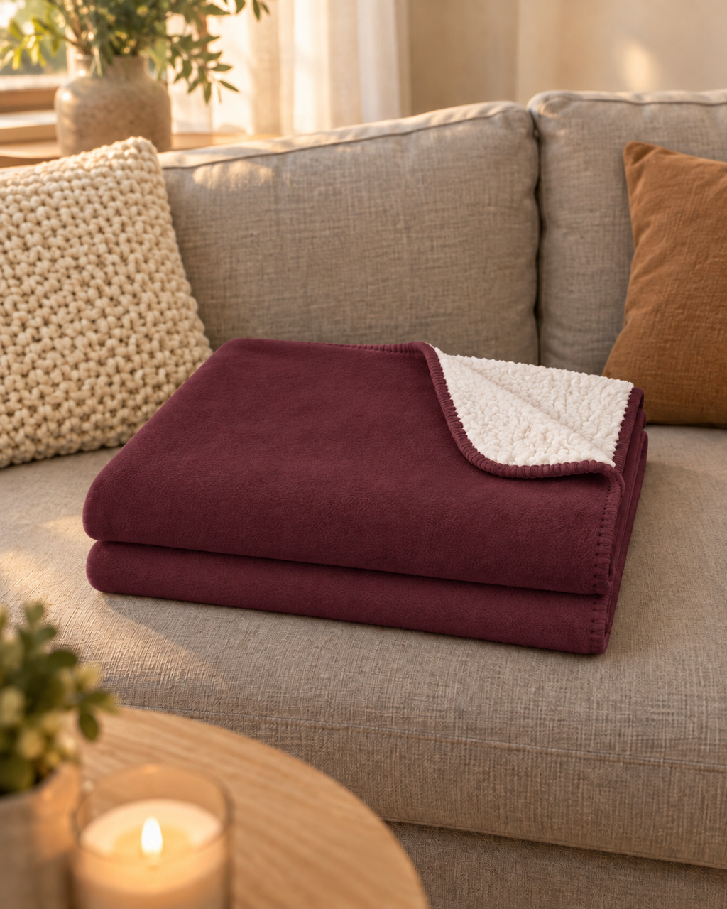 Picture Collage Blanket in burgundy with 9 photos, folded on a couch
