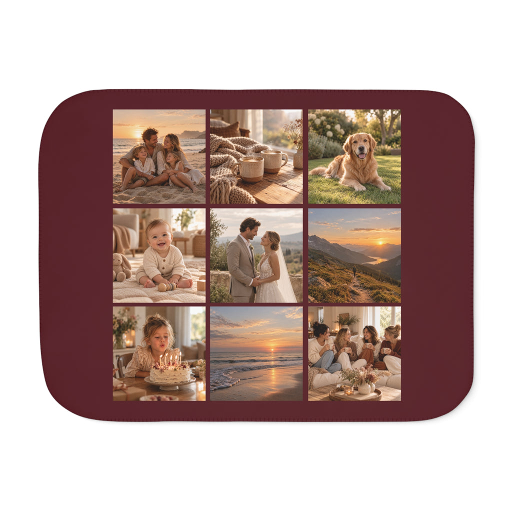 Picture Collage Blanket in burgundy with 9 photos, front view