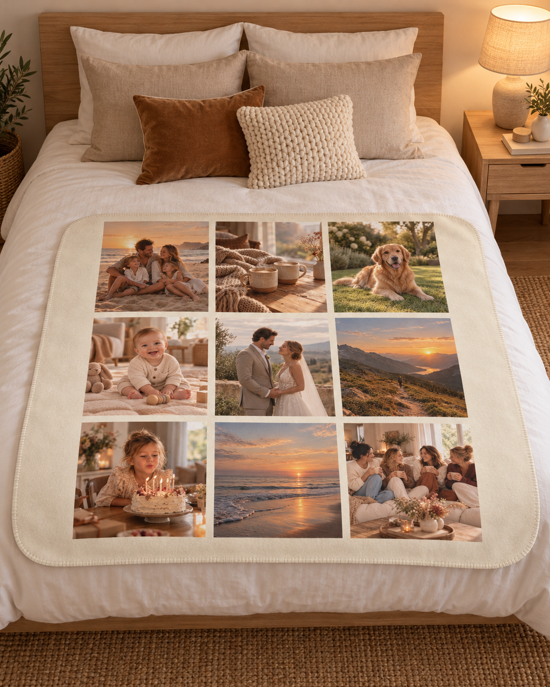 Picture Collage Blanket in cream with 9 photos, on a bed