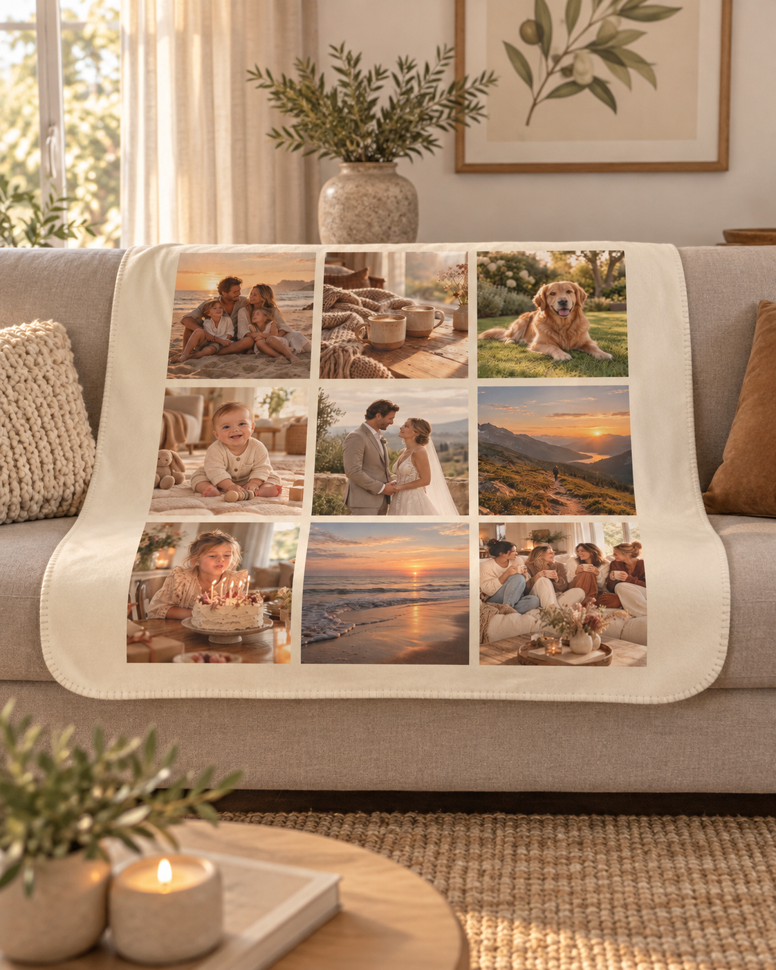Picture Collage Blanket in cream with 9 photos, draped over a couch