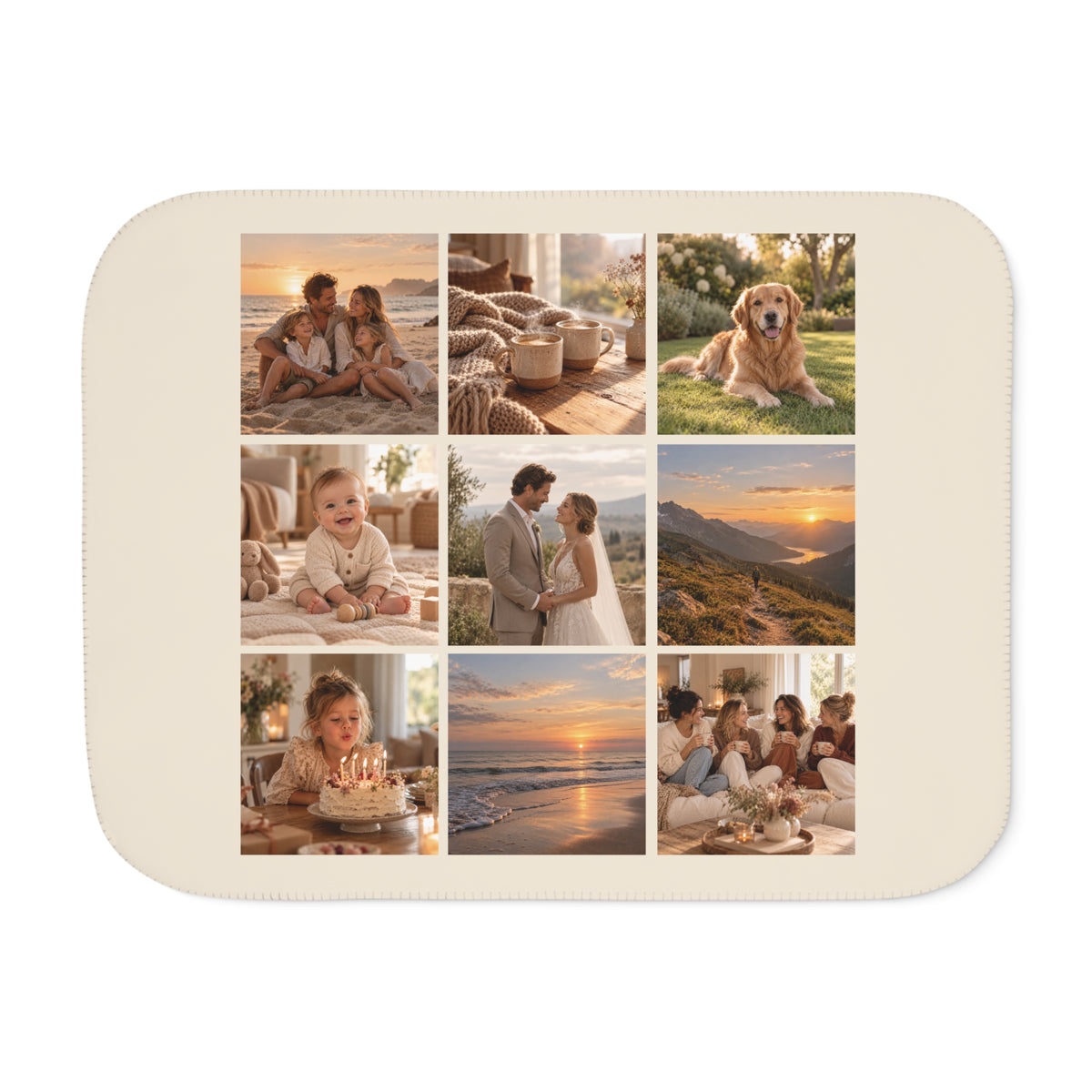 Picture Collage Blanket in cream with 9 photos, front view