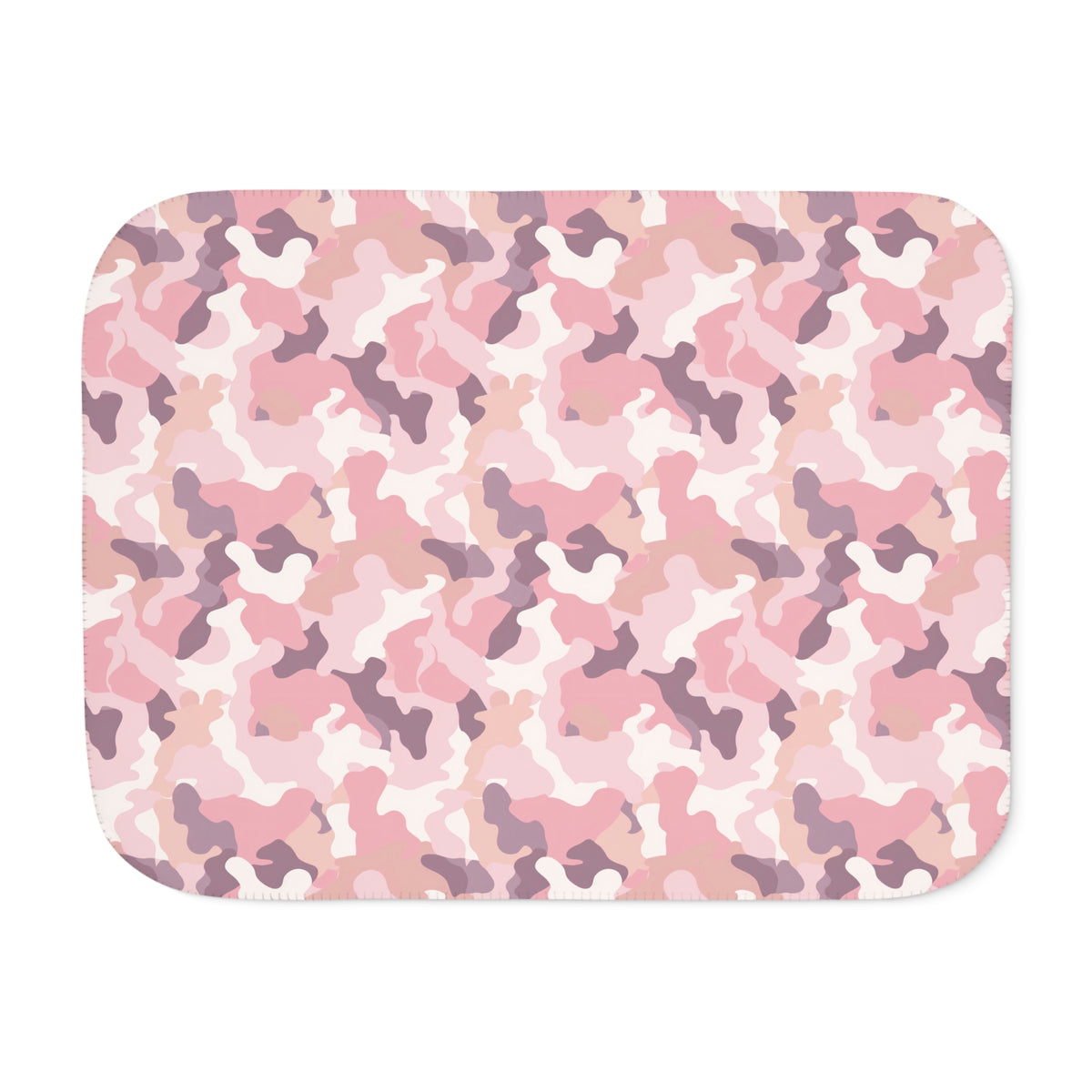 Pink camo sherpa blanket laid flat, showing the blush, rose and cream camouflage print with a white sherpa edge