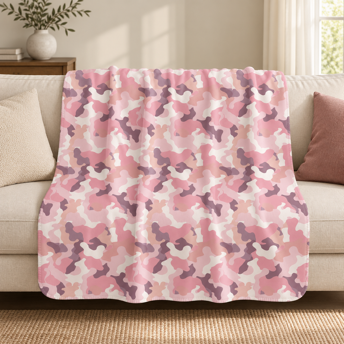 Pink camo sherpa blanket draped over a couch in a living room