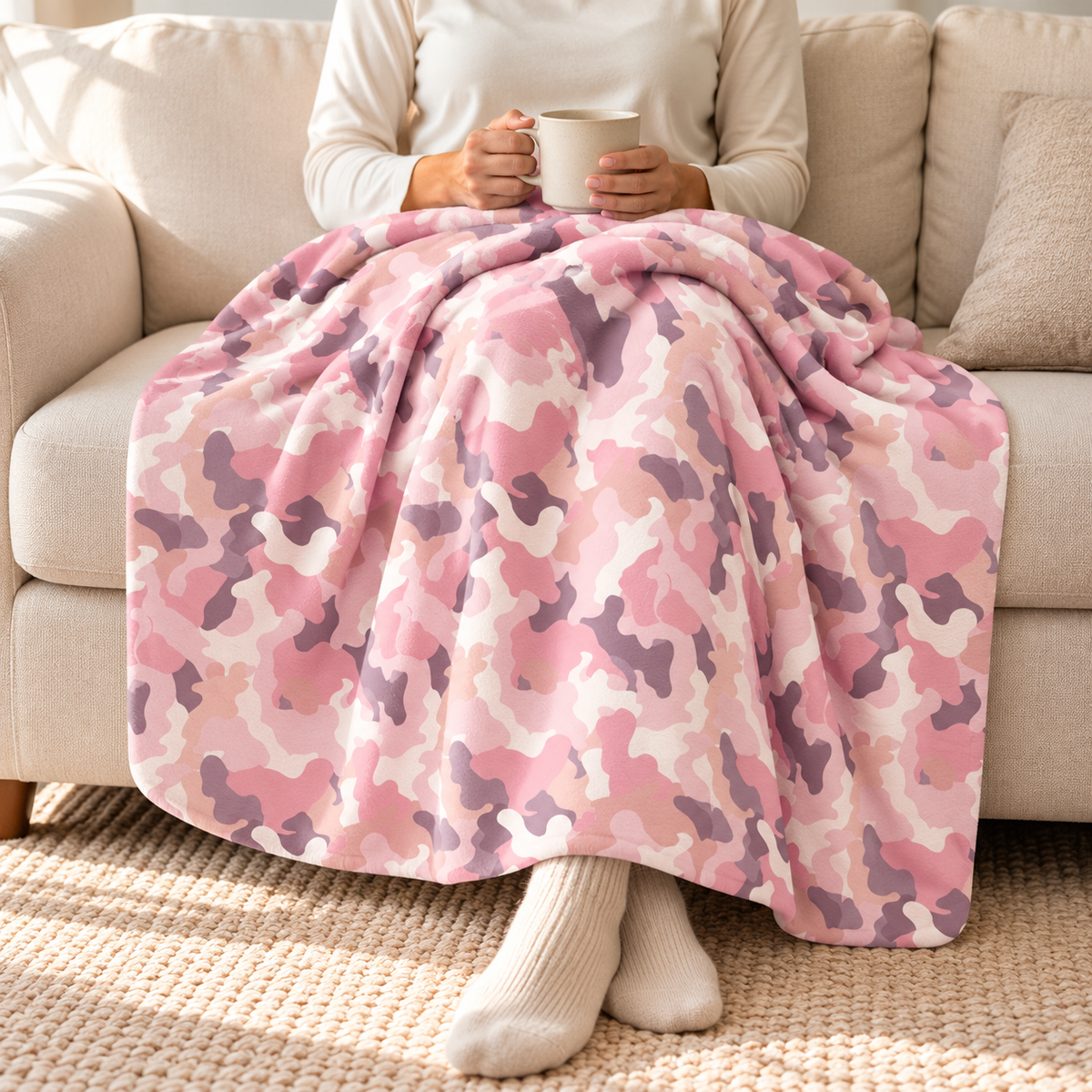Person relaxing under a pink camo sherpa blanket