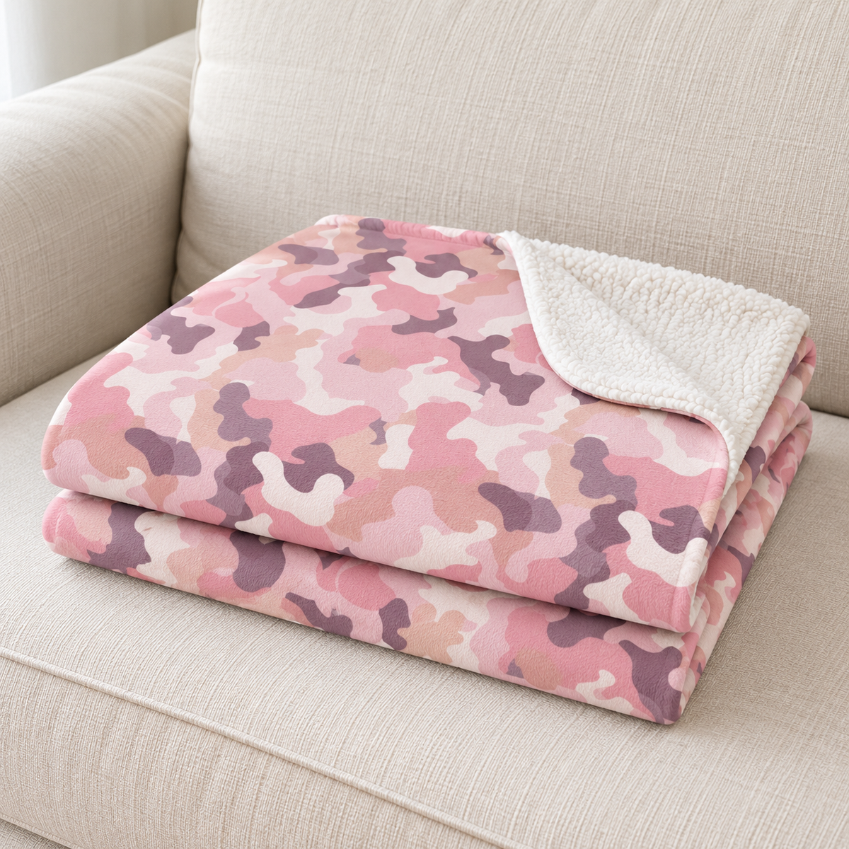 Close-up of the pink camo sherpa blanket folded on a couch, showing the camouflage print and the white sherpa edge