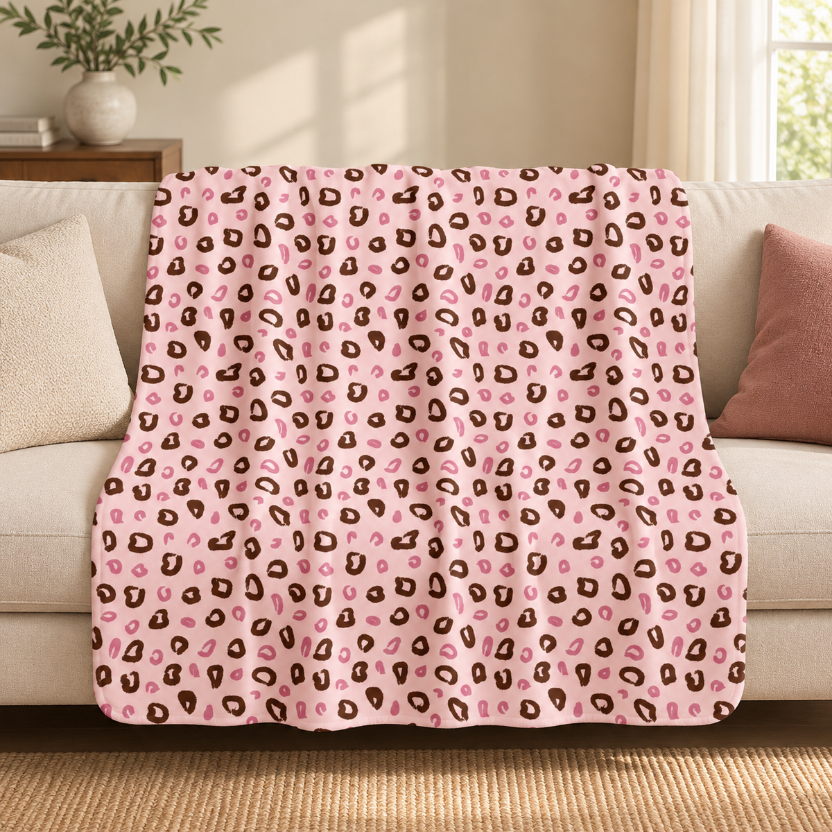 Pink leopard print sherpa blanket draped over a couch in a living room