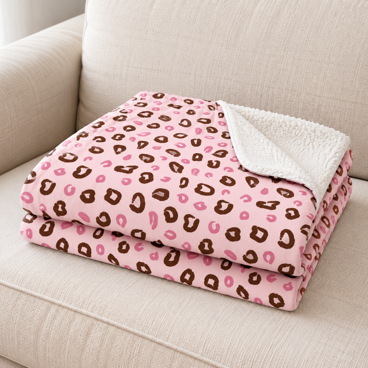 Close-up of the pink leopard print sherpa blanket folded on a couch, showing the rosette print and the white sherpa edge