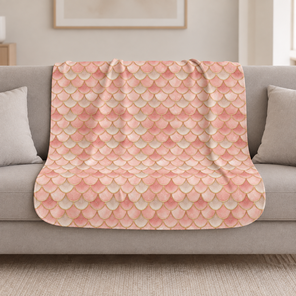 Pink Mermaid Scale Sherpa Blanket draped over a cream sofa in a living room