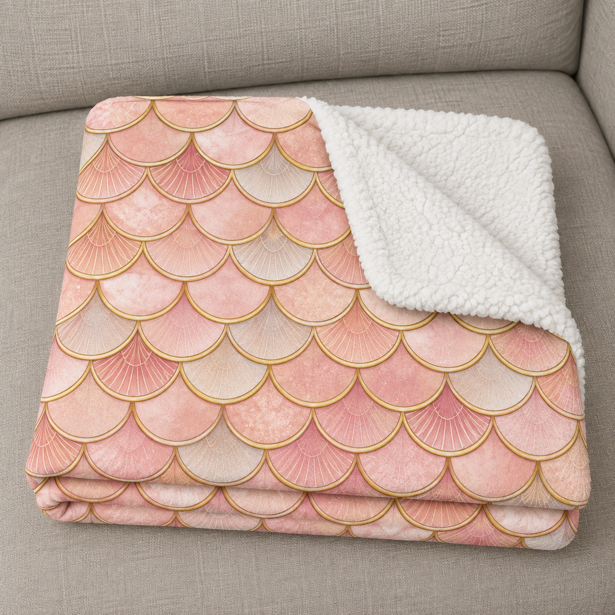 Close-up of the folded Pink Mermaid Scale Sherpa Blanket showing the sherpa back