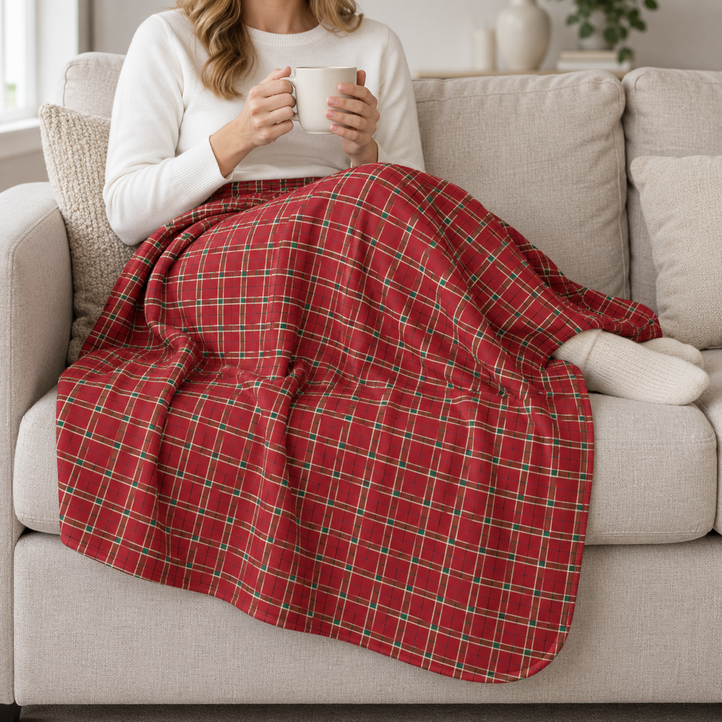 Person relaxing on a couch under the Red Plaid Sherpa Blanket