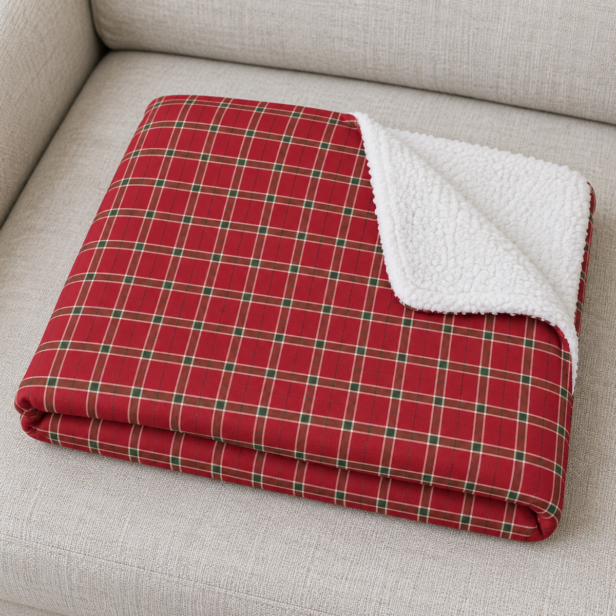 Close-up of the folded Red Plaid Sherpa Blanket showing the sherpa back