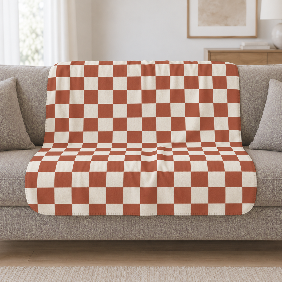 Terracotta Checkered Sherpa Blanket draped over a cream sofa in a living room