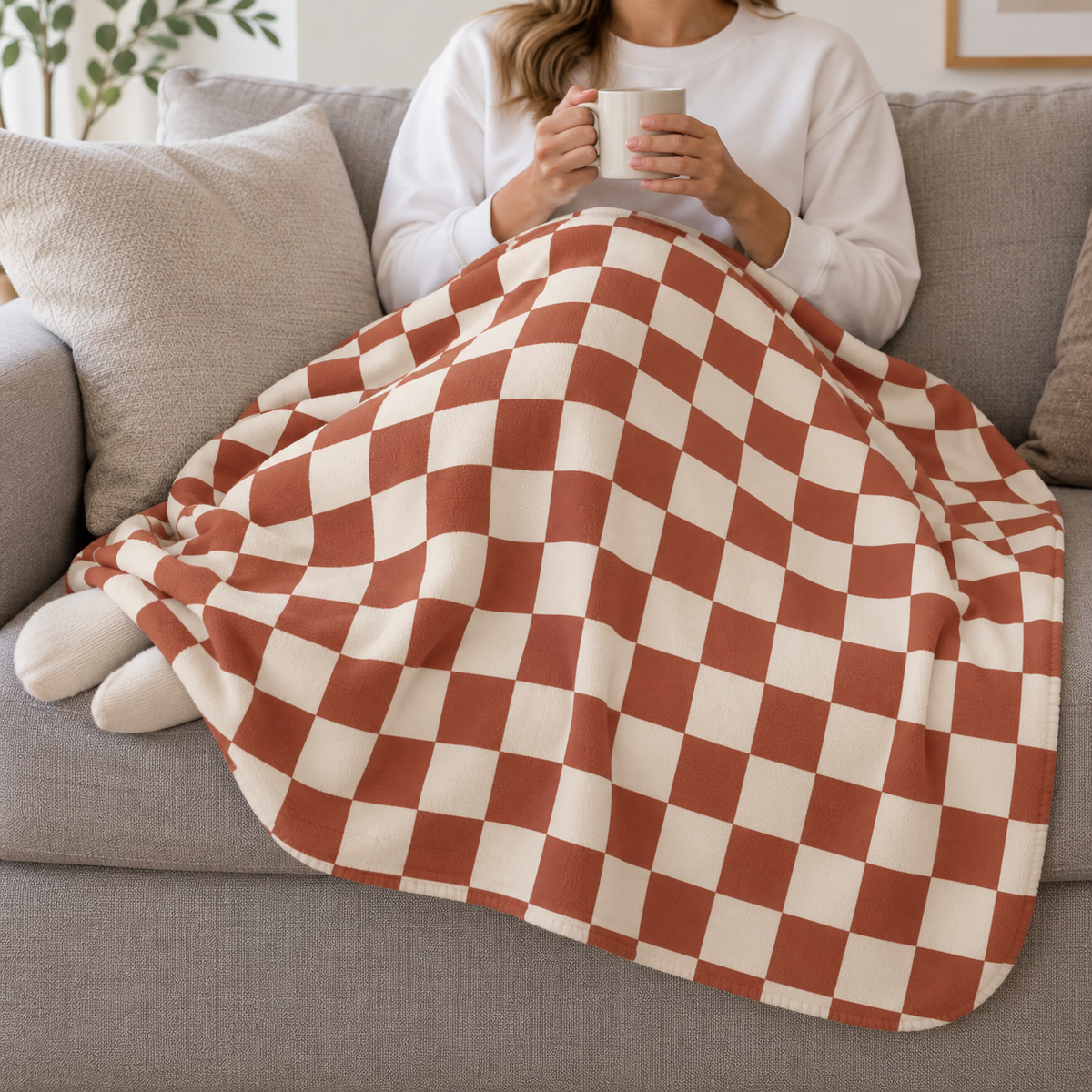 Person relaxing on a couch under the Terracotta Checkered Sherpa Blanket