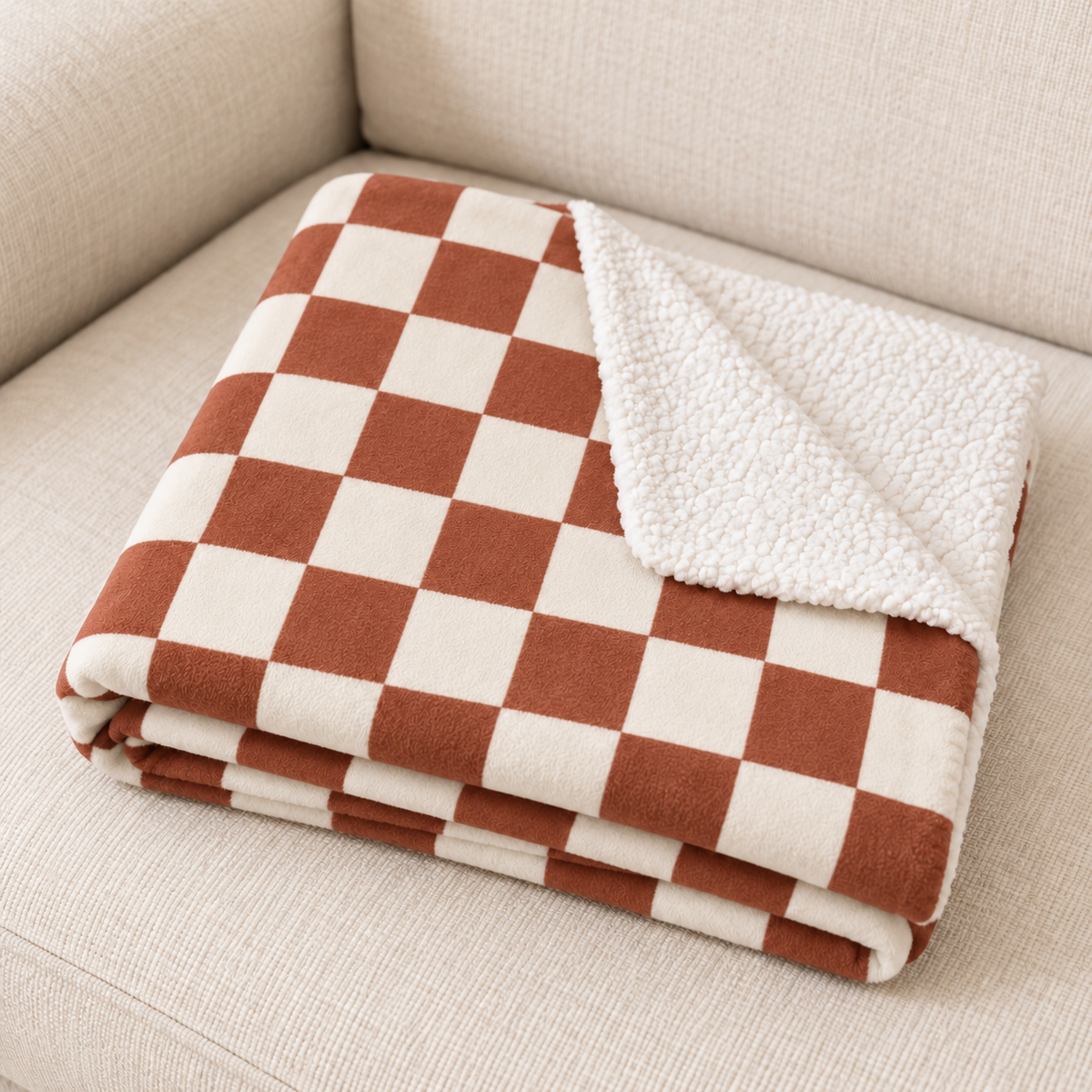 Close-up of the folded Terracotta Checkered Sherpa Blanket showing the sherpa back