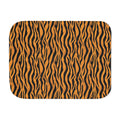 Tiger stripe sherpa blanket laid flat, showing black stripes on a warm orange ground with a white sherpa edge