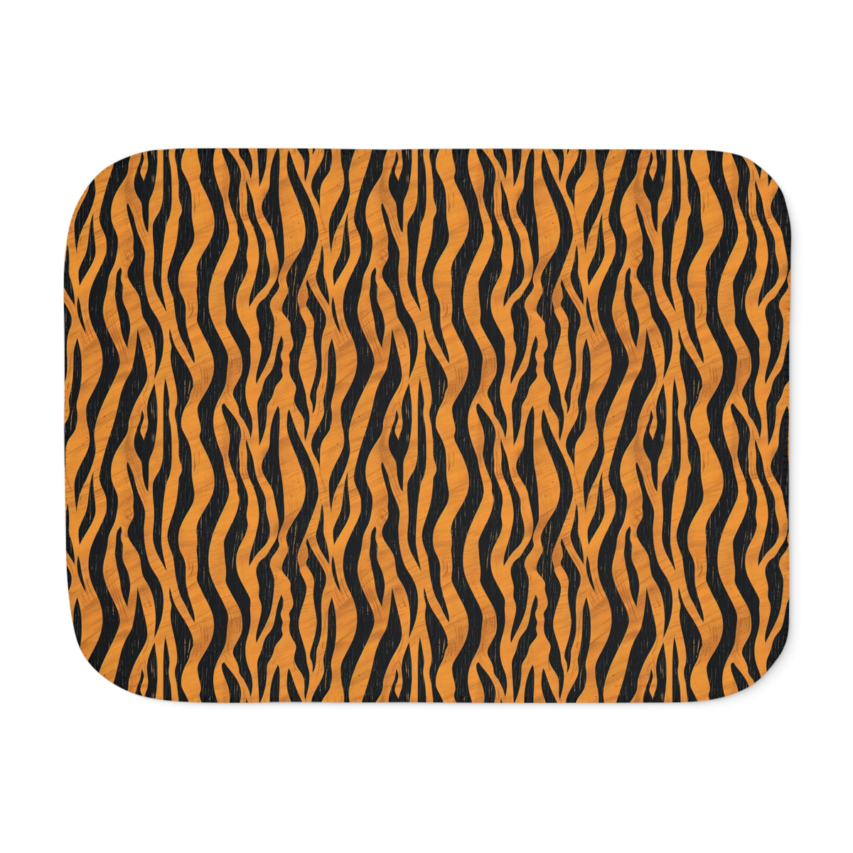 Tiger stripe sherpa blanket laid flat, showing black stripes on a warm orange ground with a white sherpa edge