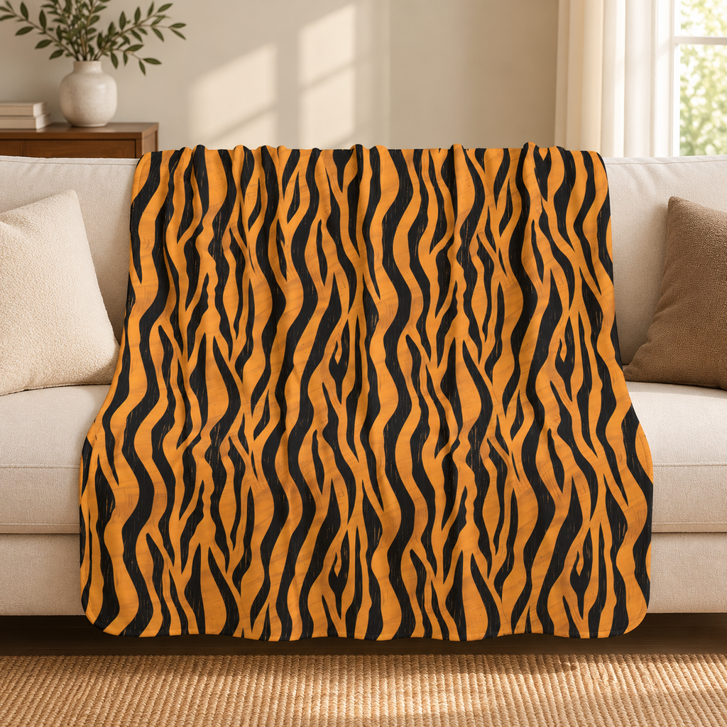 Tiger stripe sherpa blanket draped over a couch in a living room
