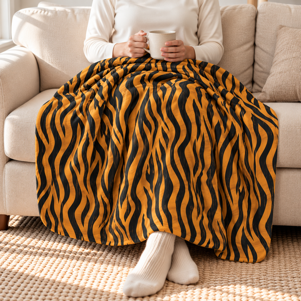 Person relaxing under a tiger stripe sherpa blanket