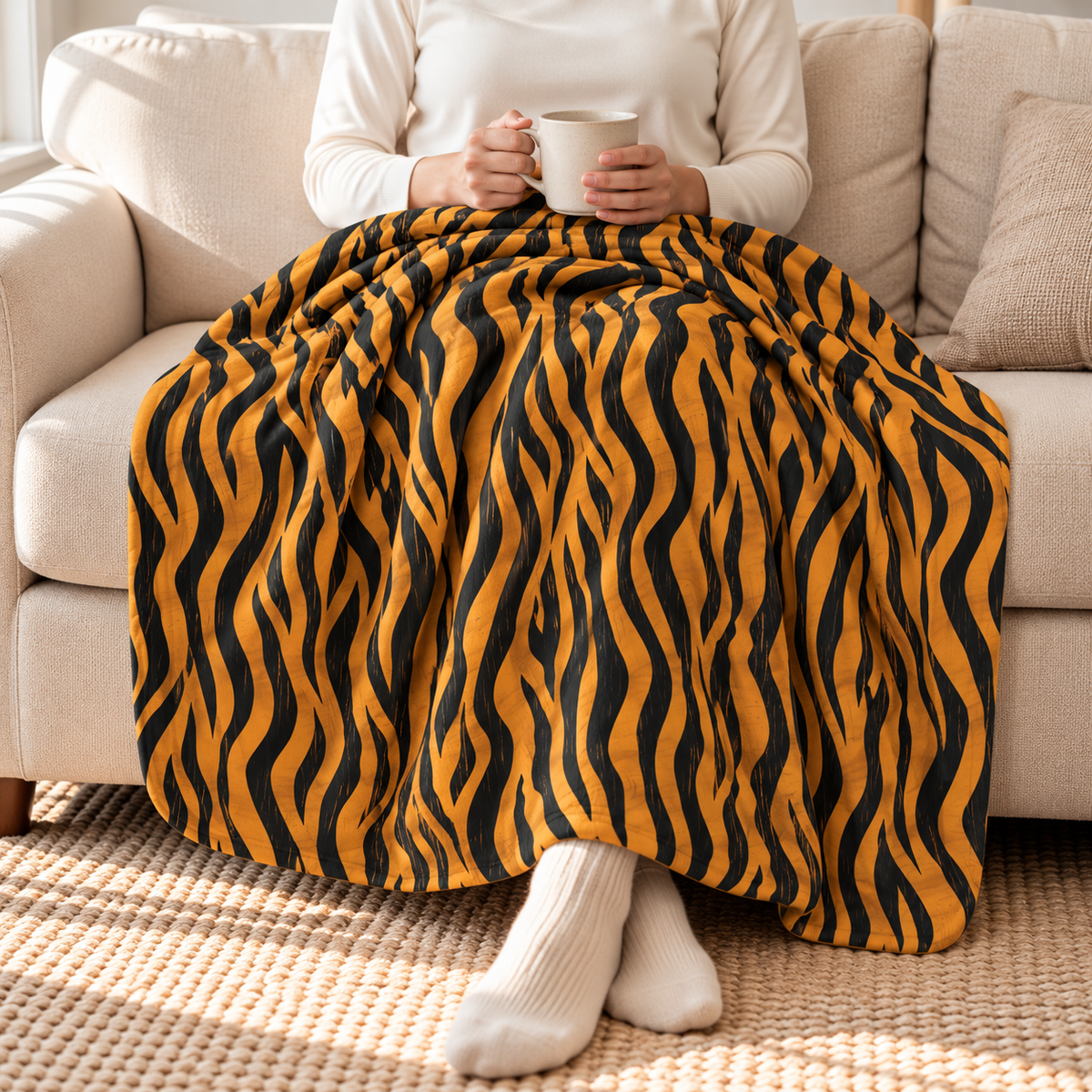 Person relaxing under a tiger stripe sherpa blanket