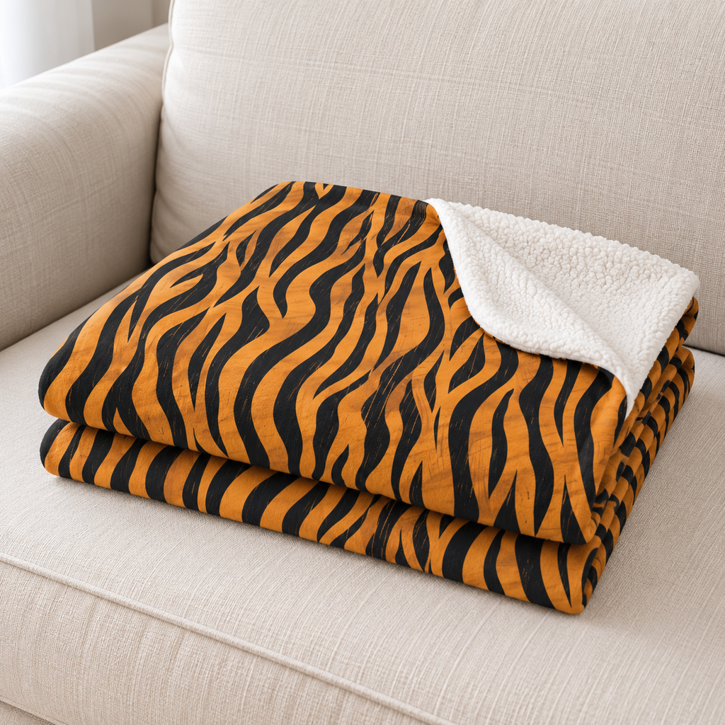 Close-up of the tiger stripe sherpa blanket folded on a couch, showing the stripes and the white sherpa edge